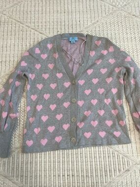 CeCe Gray Pink Heart Cardigan Sweater V-Neck Button Down Size M